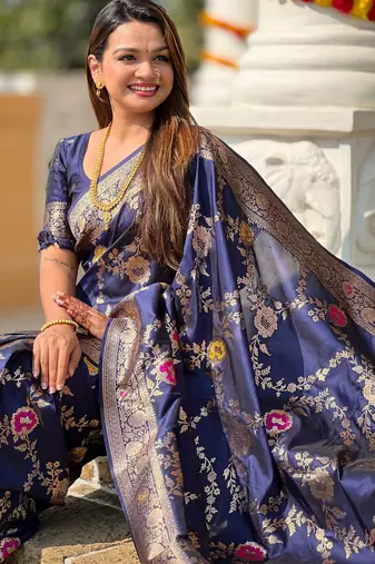 soft litchi art silk banarasi art silk jacquard saree (banarasi-1-navy-blue)