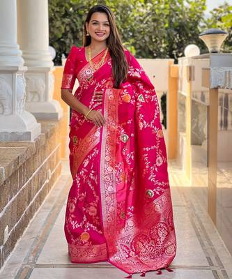 soft litchi art silk banarasi art silk jacquard saree (banarasi-1-rani-pink) 1