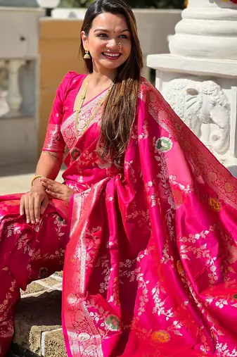 soft litchi art silk banarasi art silk jacquard saree (banarasi-1-rani-pink)