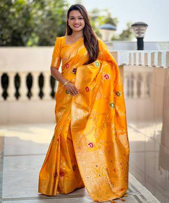 soft litchi art silk banarasi art silk jacquard saree (banarasi-1-yellow) 1