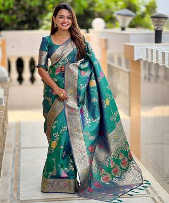 soft litchi art silk banarasi art silk jacquard saree (banarasi-2-aqua-rama) 1
