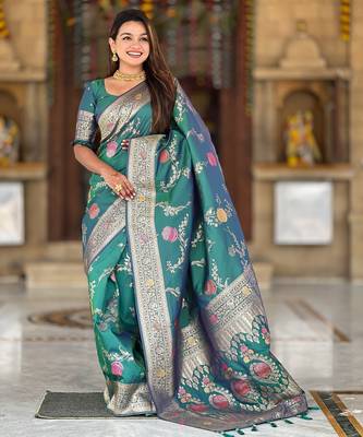 soft litchi art silk banarasi art silk jacquard saree (banarasi-2-aqua-rama) 2