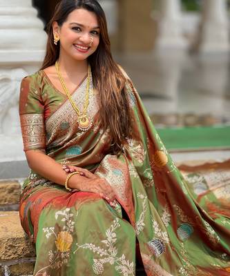 soft litchi art silk banarasi art silk jacquard saree (banarasi-2-mahendi) 4