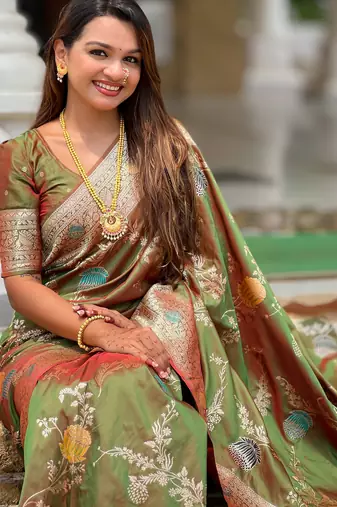 soft litchi art silk banarasi art silk jacquard saree (banarasi-2-mahendi)