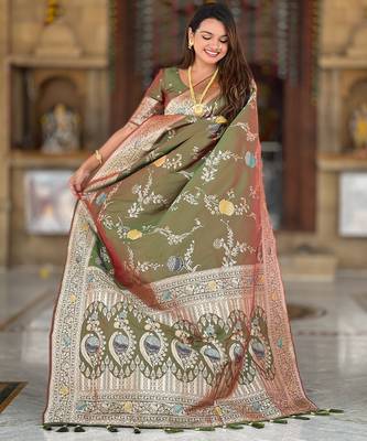 soft litchi art silk banarasi art silk jacquard saree (banarasi-2-mahendi) 5