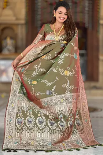 soft litchi art silk banarasi art silk jacquard saree (banarasi-2-mahendi)