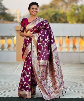 soft litchi art silk banarasi art silk jacquard saree (banarasi-4-wine) 1