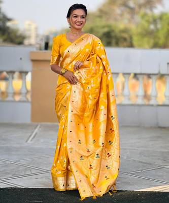 soft litchi art silk banarasi art silk jacquard saree (banarasi-4-yellow) 1