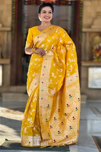 soft litchi art silk banarasi art silk jacquard saree (banarasi-4-yellow)