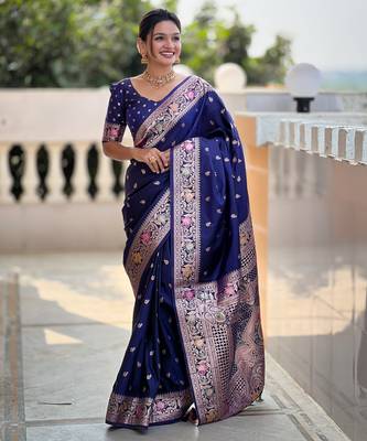 soft litchi art silk banarasi art silk jacquard saree (banarasi-5-navy-blue) 1