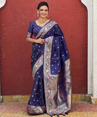 soft litchi art silk banarasi art silk jacquard saree (banarasi-5-navy-blue) 2