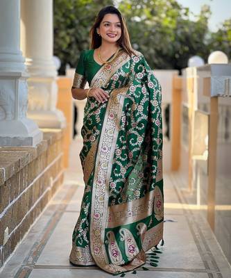 soft litchi art silk banarasi art silk jacquard saree (banarasi-6-green) 1