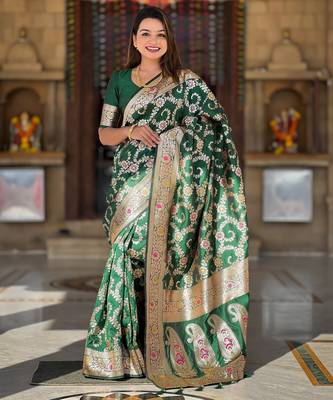 soft litchi art silk banarasi art silk jacquard saree (banarasi-6-green) 2