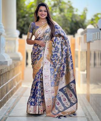 soft litchi art silk banarasi art silk jacquard saree (banarasi-6-grey) 1