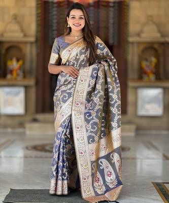 soft litchi art silk banarasi art silk jacquard saree (banarasi-6-grey) 2