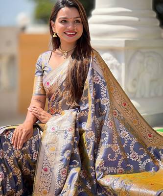 soft litchi art silk banarasi art silk jacquard saree (banarasi-6-grey) 4