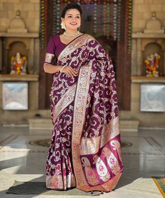 soft litchi art silk banarasi art silk jacquard saree (banarasi-6-wine) 2