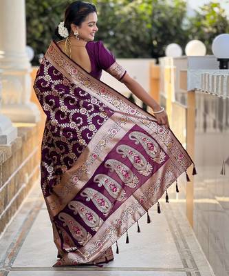 soft litchi art silk banarasi art silk jacquard saree (banarasi-6-wine) 3
