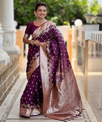 soft litchi art silk banarasi art silk jacquard saree (banarasi-7-wine) 1