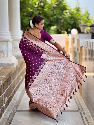 soft litchi art silk banarasi art silk jacquard saree (banarasi-7-wine) 3