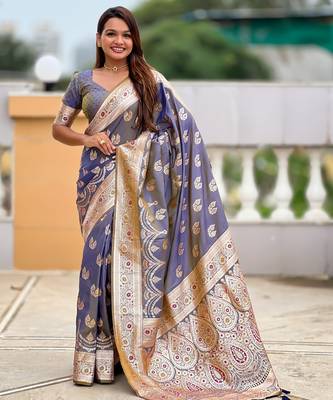 soft litchi art silk banarasi art silk jacquard saree (banarasi-15-grey) 1