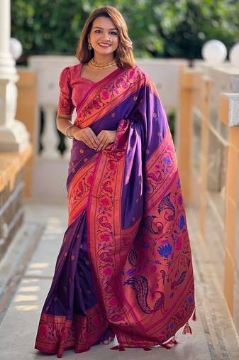 soft litchi art silk paithani jacquard saree (coin-paithani-purple)