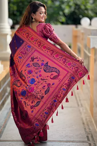 soft litchi art silk paithani jacquard saree (coin-paithani-purple)