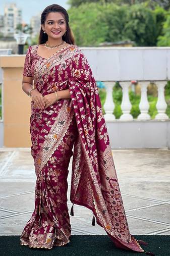 soft dola art silk fancy jacquard bollywood saree (dola-flower-valley-wine)