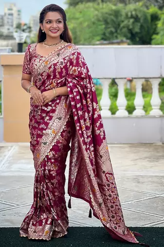 soft dola art silk fancy jacquard bollywood saree (dola-flower-valley-wine)