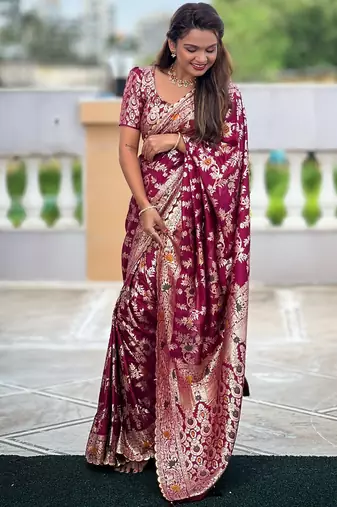 soft dola art silk fancy jacquard bollywood saree (dola-flower-valley-wine)