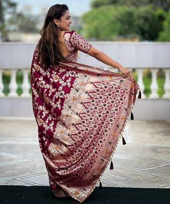 soft dola art silk fancy jacquard bollywood saree (dola-flower-valley-wine) 3
