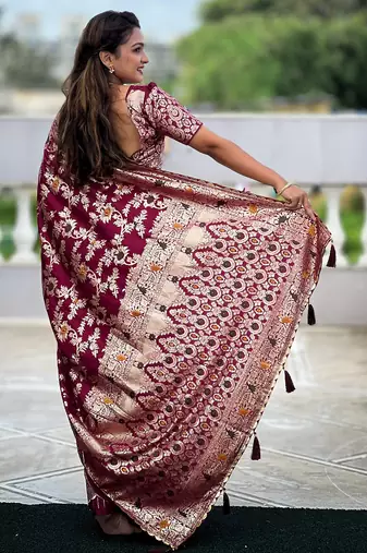 soft dola art silk fancy jacquard bollywood saree (dola-flower-valley-wine)