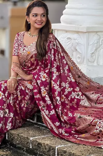 soft dola art silk fancy jacquard bollywood saree (dola-flower-valley-wine)