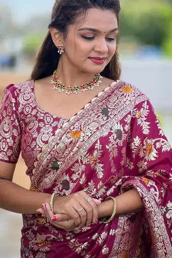 soft dola art silk fancy jacquard bollywood saree (dola-flower-valley-wine)