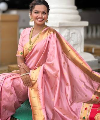 soft litchi art silk paithani jacquard saree (ganpati-paithani-baby-pink) 4