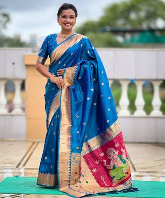 soft litchi art silk paithani jacquard saree (ganpati-paithani-firozi) 1