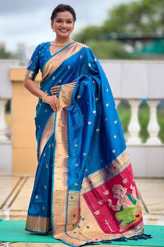 soft litchi art silk paithani jacquard saree (ganpati-paithani-firozi)