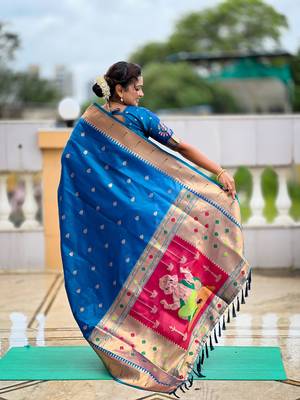 soft litchi art silk paithani jacquard saree (ganpati-paithani-firozi) 3