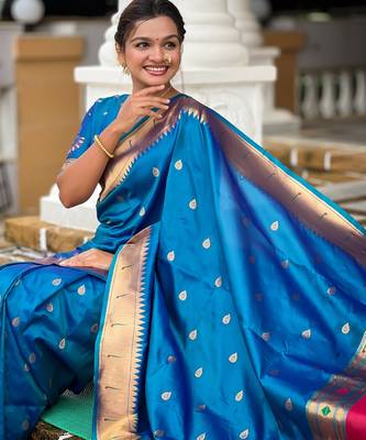 soft litchi art silk paithani jacquard saree (ganpati-paithani-firozi) 4