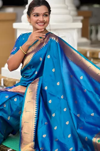 soft litchi art silk paithani jacquard saree (ganpati-paithani-firozi)