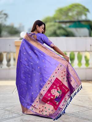 soft litchi art silk paithani jacquard saree (ganpati-paithani-lavender) 3