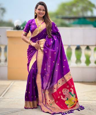 soft litchi art silk paithani jacquard saree (ganpati-paithani-magenta) 1