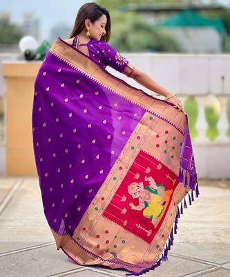 soft litchi art silk paithani jacquard saree (ganpati-paithani-magenta) 3