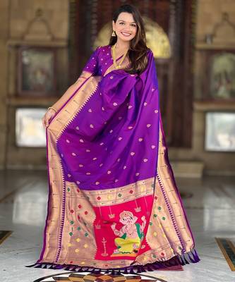 soft litchi art silk paithani jacquard saree (ganpati-paithani-magenta) 5