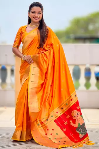 soft litchi art silk paithani jacquard saree (ganpati-paithani-orange)