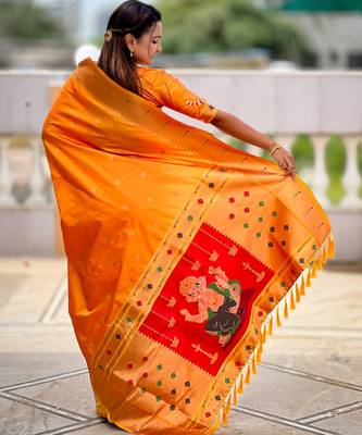 soft litchi art silk paithani jacquard saree (ganpati-paithani-orange) 3