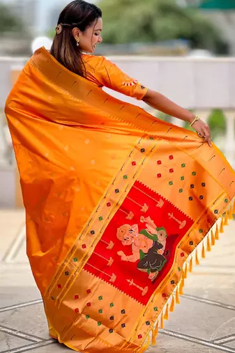 soft litchi art silk paithani jacquard saree (ganpati-paithani-orange)