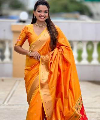 soft litchi art silk paithani jacquard saree (ganpati-paithani-orange) 5