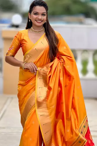 soft litchi art silk paithani jacquard saree (ganpati-paithani-orange)