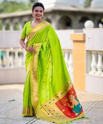 soft litchi art silk paithani jacquard saree (ganpati-paithani-parrot) 1